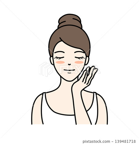 A woman checks the condition of her skin by placing her hand on her cheek while doing her skincare routine. A woman checks the condition of her skin by placing her hand on her cheek while doing her skincare routine. 139481718