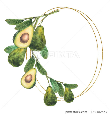 Avocado branch with whole and cut halves fruit with seed and green leaves above an elegant golden frame. Hand painted watercolor illustration isolated from background for round card, menu, food label. Avocado branch with whole and cut halves fruit with seed and green leaves above an elegant golden frame. Hand painted watercolor illustration isolated from background for round card, menu, food label. 139482447