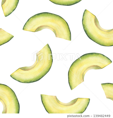 Watercolor Avocado cut fruit wedges, half-moon slices pieces seamless pattern. Superfood pulp fabric isolated on white background. Chopped vegetables kitchen wallpaper print hand drawn illustration. Watercolor Avocado cut fruit wedges, half-moon slices pieces seamless pattern. Superfood pulp fabric isolated on white background. Chopped vegetables kitchen wallpaper print hand drawn illustration. 139482449