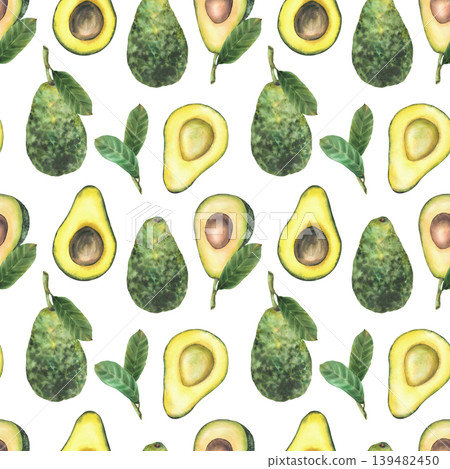 Avocado plant watercolor seamless pattern. Whole, cut fruit half with seed and stem, leaves. Hand painting illustration on isolated white background. Food packaging design, fabric, kitchen wallpaper. Avocado plant watercolor seamless pattern. Whole, cut fruit half with seed and stem, leaves. Hand painting illustration on isolated white background. Food packaging design, fabric, kitchen wallpaper. 139482450