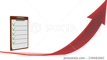 Checklist with all boxes checked and red arrow pointing upwards Checklist with all boxes checked and red arrow pointing upwards 139482681