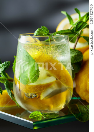 Iced refreshing drink with fresh lemon, ice and mint. 139482799