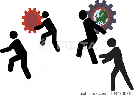 Stick figures pushing gears representing europe and global business Stick figures pushing gears representing europe and global business 139483076