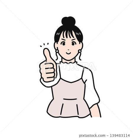 Simple vector illustration of a young woman with her hair tied up making a thumbs-up sign. 139483114