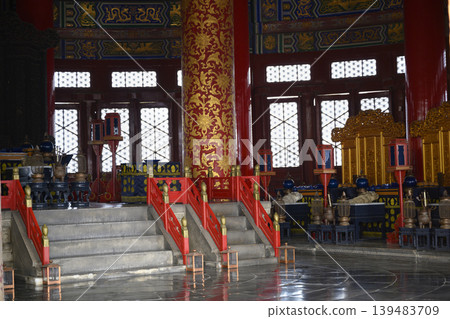 Interior of ancient Temple of Heaven in Beijing, China, with red column decorated by golden pattern Interior of ancient Temple of Heaven in Beijing, China, with red column decorated by golden pattern 139483709