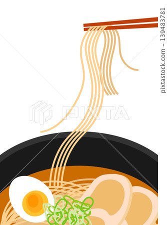 A close-up of ramen noodles being lifted with chopsticks. 139483781