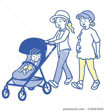 A simple illustration of young women walking with strollers and pregnant women. 139483948