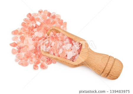 Pink Himalayan salt in wooden scoop isolated on white background. Top view. Flat lay Pink Himalayan salt in wooden scoop isolated on white background. Top view. Flat lay 139483975