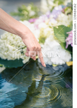 Hydrangeas floating on water and a woman's hands creating ripples. Hydrangeas floating on water and a woman's hands creating ripples. 139484162