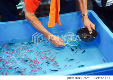 日本夏季,一名男子用手撈金魚。 日本夏季,一名男子用手撈金魚。 139484164