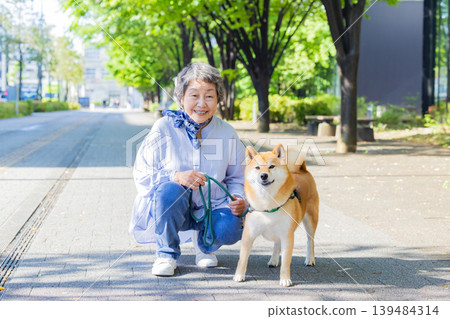 A senior woman walking her pet Shiba Inu. 139484314