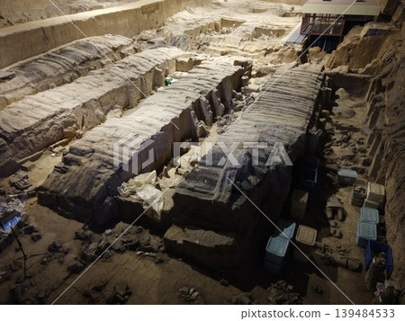Xi'an, China - Jan 2,2025 : The Terracotta warriors in pit two archaeological site in Xi'an, China on Jan 2,2025. Xi'an, China - Jan 2,2025 : The Terracotta warriors in pit two archaeological site in Xi'an, China on Jan 2,2025. 139484533