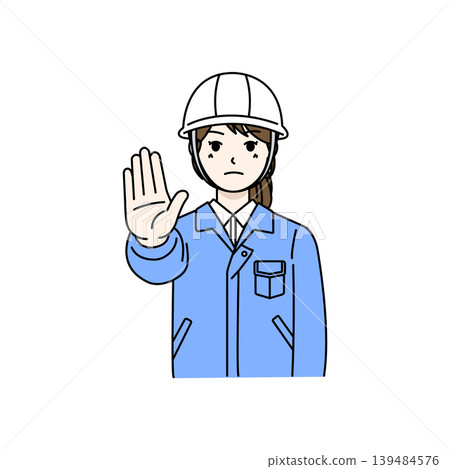 女工、頭盔、注意、停止、警告、安全手勢（插圖） 139484576