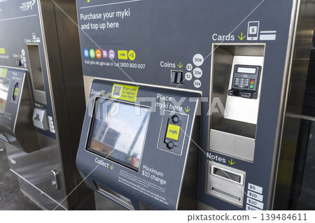 Melbourne, Australia - January 4, 2024 : Myki public transport ticket top up machine in Melbourne, Australia on January 4, 2024. Melbourne, Australia - January 4, 2024 : Myki public transport ticket top up machine in Melbourne, Australia on January 4, 2024. 139484611
