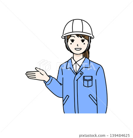 Female worker wearing a helmet, giving instructions and explanations, using gestures and outstretched hands (illustration). Female worker wearing a helmet, giving instructions and explanations, using gestures and outstretched hands (illustration). 139484625
