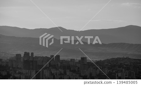 Black and white panoramic aerial cityscape sunset view of Tbilisi, the capital of Georgia Black and white panoramic aerial cityscape sunset view of Tbilisi, the capital of Georgia 139485005