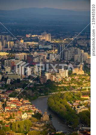 Panoramic aerial cityscape sunset view of Tbilisi, the capital of Georgia 139485010
