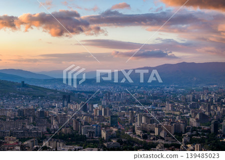 Panoramic aerial cityscape sunset view of Tbilisi, the capital of Georgia Panoramic aerial cityscape sunset view of Tbilisi, the capital of Georgia 139485023