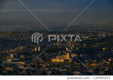 Panoramic aerial cityscape sunset view of Tbilisi, the capital of Georgia 139485033