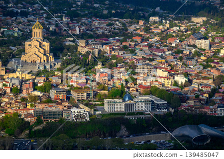 Panoramic aerial cityscape sunset view of Tbilisi, the capital of Georgia 139485047
