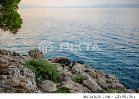 Rocky shore overlooking calm sea at sunset Rocky shore overlooking calm sea at sunset 139485562