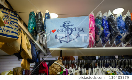 Croatia souvenir tote bag with anchor in a gift shop in Makarska riviera in Croatia Croatia souvenir tote bag with anchor in a gift shop in Makarska riviera in Croatia 139485579