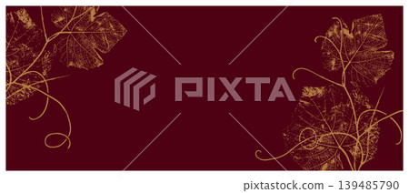 Burgundy and gold grapevine leaf skeleton banner for premium wine labels, luxury winery branding and elegant event headers, for restaurant menu, winery identity, premium label design and autumn Burgundy and gold grapevine leaf skeleton banner for premium wine labels, luxury winery branding and elegant event headers, for restaurant menu, winery identity, premium label design and autumn 139485790