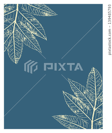Rhus typhina skeleton leaf print on navy blue background for botanical posters, organic cosmetics packaging and minimalist interior wall art,for elegant wedding invitations, luxury packaging design Rhus typhina skeleton leaf print on navy blue background for botanical posters, organic cosmetics packaging and minimalist interior wall art,for elegant wedding invitations, luxury packaging design 139485793