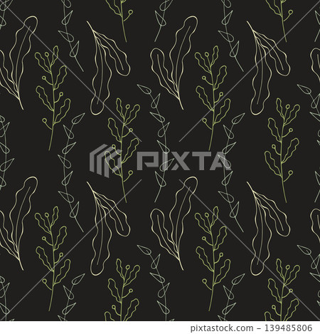 Pattern with golden line art botanical leaves and branches on black background, elegant minimalist floral vector texture for luxury packaging, textile print, wallpaper and modern branding Pattern with golden line art botanical leaves and branches on black background, elegant minimalist floral vector texture for luxury packaging, textile print, wallpaper and modern branding 139485806