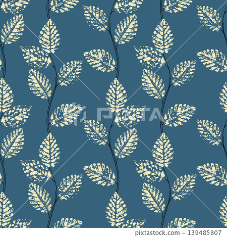 Pattern with textured stamp leaf prints on teal blue background, botanical ornament for textile fabric, home wallpaper, wrapping paper and organic branding design. elegant floral texture with hand Pattern with textured stamp leaf prints on teal blue background, botanical ornament for textile fabric, home wallpaper, wrapping paper and organic branding design. elegant floral texture with hand 139485807