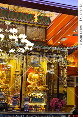 Interior of Po Lin Chan Buddhist monastery, located on Ngong Ping Plateau, on Lantau Island in Hong Kong Interior of Po Lin Chan Buddhist monastery, located on Ngong Ping Plateau, on Lantau Island in Hong Kong 139485818