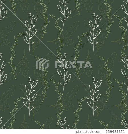 botanical line art pattern with delicate white and green branches on deep forest background for organic cosmetics packaging, eco-friendly textile, and natural branding design botanical line art pattern with delicate white and green branches on deep forest background for organic cosmetics packaging, eco-friendly textile, and natural branding design 139485851