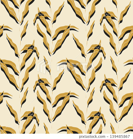 Seamless abstract botanical pattern with stylized leaves in ochre, black and cream palette for textile design, wallpaper, and organic branding Seamless abstract botanical pattern with stylized leaves in ochre, black and cream palette for textile design, wallpaper, and organic branding 139485867