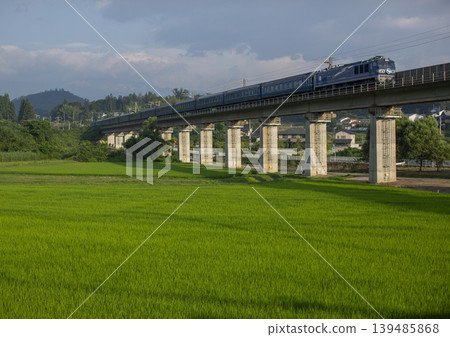 An express train traveling through the summer countryside An express train traveling through the summer countryside 139485868