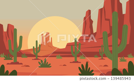 Sunset Plains Desert Flat Design Illustration Horizon 139485943