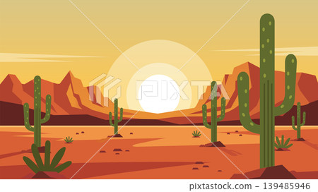Sunset Valley Desert Flat Design Illustration Sunset 139485946