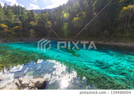 Five Coloured Pool with azure crystal clear water in Jiuzhaigou nature reserve in China Five Coloured Pool with azure crystal clear water in Jiuzhaigou nature reserve in China 139486004