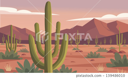 Giant Cactus American Desert Flat Design Illustration Scene Giant Cactus American Desert Flat Design Illustration Scene 139486010