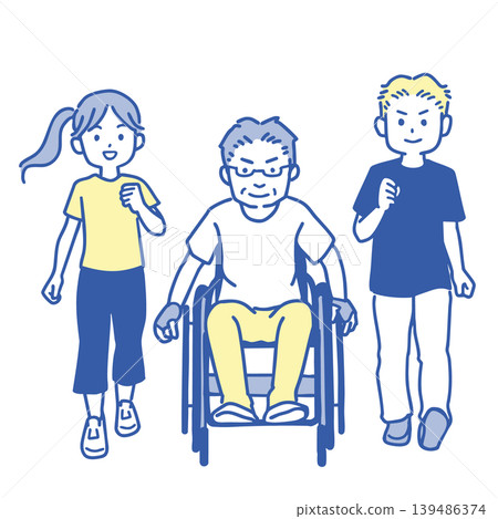 A family walking: a father in a wheelchair, accompanied by his daughter and son. (Simple illustration) A family walking: a father in a wheelchair, accompanied by his daughter and son. (Simple illustration) 139486374