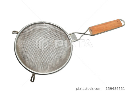 Stainless steel colander with a wooden handle. Stainless steel colander with a wooden handle. 139486531