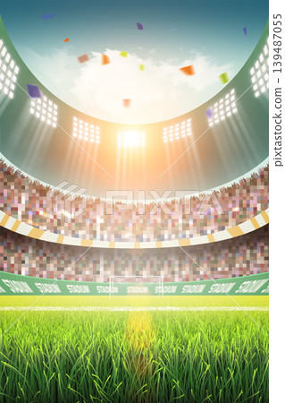 Animated soccer stadium with sunlight and crowd, 3d rendering. 139487055