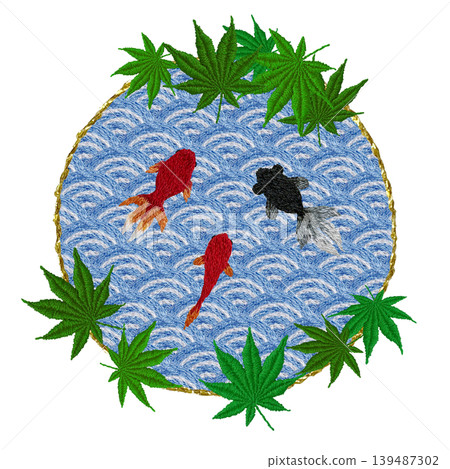 【圓形邊框,飾以藍色楓葉和金魚圖案】手工刺繡插畫材料 【圓形邊框,飾以藍色楓葉和金魚圖案】手工刺繡插畫材料 139487302
