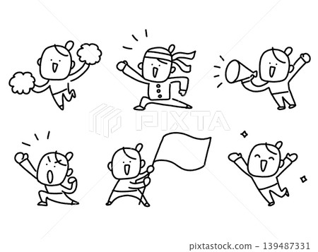 A set of cute, hand-drawn female cheering poses: monochrome line art, featuring pom-poms, cheering flags, school uniforms, and celebratory gestures. A set of cute, hand-drawn female cheering poses: monochrome line art, featuring pom-poms, cheering flags, school uniforms, and celebratory gestures. 139487331
