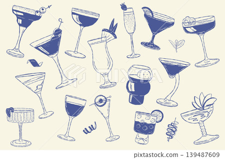 Tropical cocktail doodle collection with exotic glasses and garnish 139487609