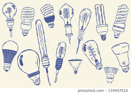 Vintage light bulb collection in hand drawn doodle outline style Vintage light bulb collection in hand drawn doodle outline style 139487610