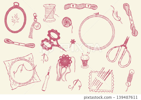 Embroidery and sewing vintage doodle collection with craft tools 139487611