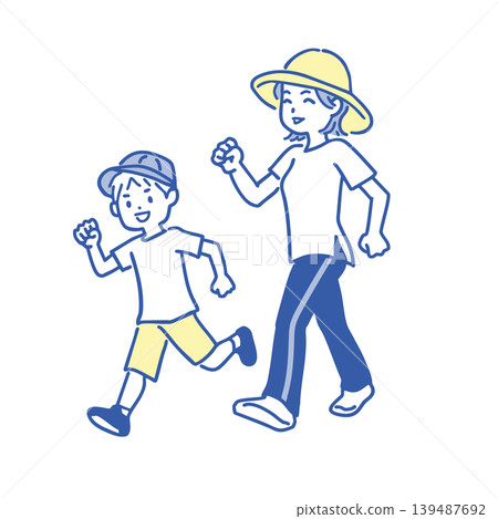 一對母子麵帶微笑地走著──一個簡單的畫面。 一對母子麵帶微笑地走著──一個簡單的畫面。 139487692