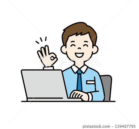Vector illustration of a male employee in a dress shirt making an OK hand sign in front of a laptop. Vector illustration of a male employee in a dress shirt making an OK hand sign in front of a laptop. 139487795