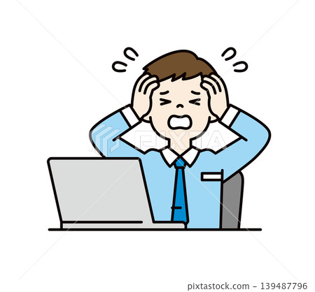 A vector illustration of the upper body of a businessman in a dress shirt, panicking and holding his head in front of a computer. A vector illustration of the upper body of a businessman in a dress shirt, panicking and holding his head in front of a computer. 139487796