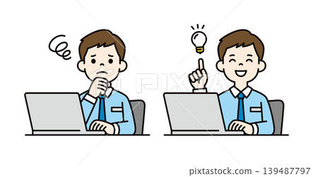 Vector illustration of a businessman dealing with a problem and operating a computer - before and after. Vector illustration of a businessman dealing with a problem and operating a computer - before and after. 139487797